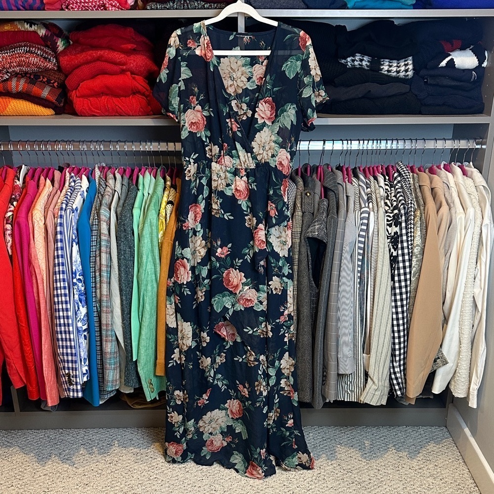 Unbranded navy/pink/green floral v neck short sleeve hi low maxi dress size M